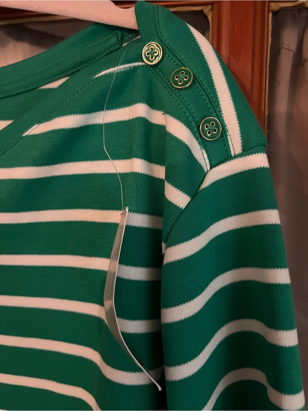 Lands' End Green & White Striped Boatneck elbow sleeve button shoulder Tee - Picture 3 of 5